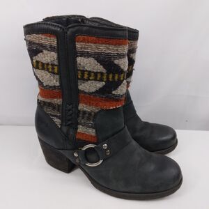 Born Panarea Southwestern Wool Black Leather Zip-Up Boots Moto Womens Size 7 38